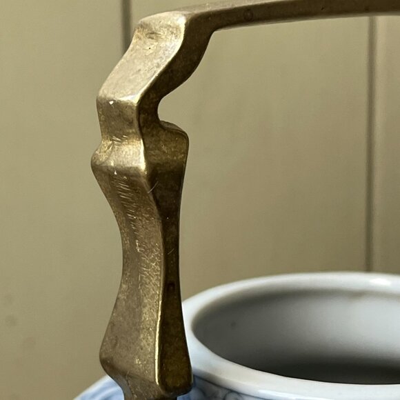 Chinese Porcelain Hexagonal Teapot Brass Handle White & Blue without Lid - Picture 10 of 16